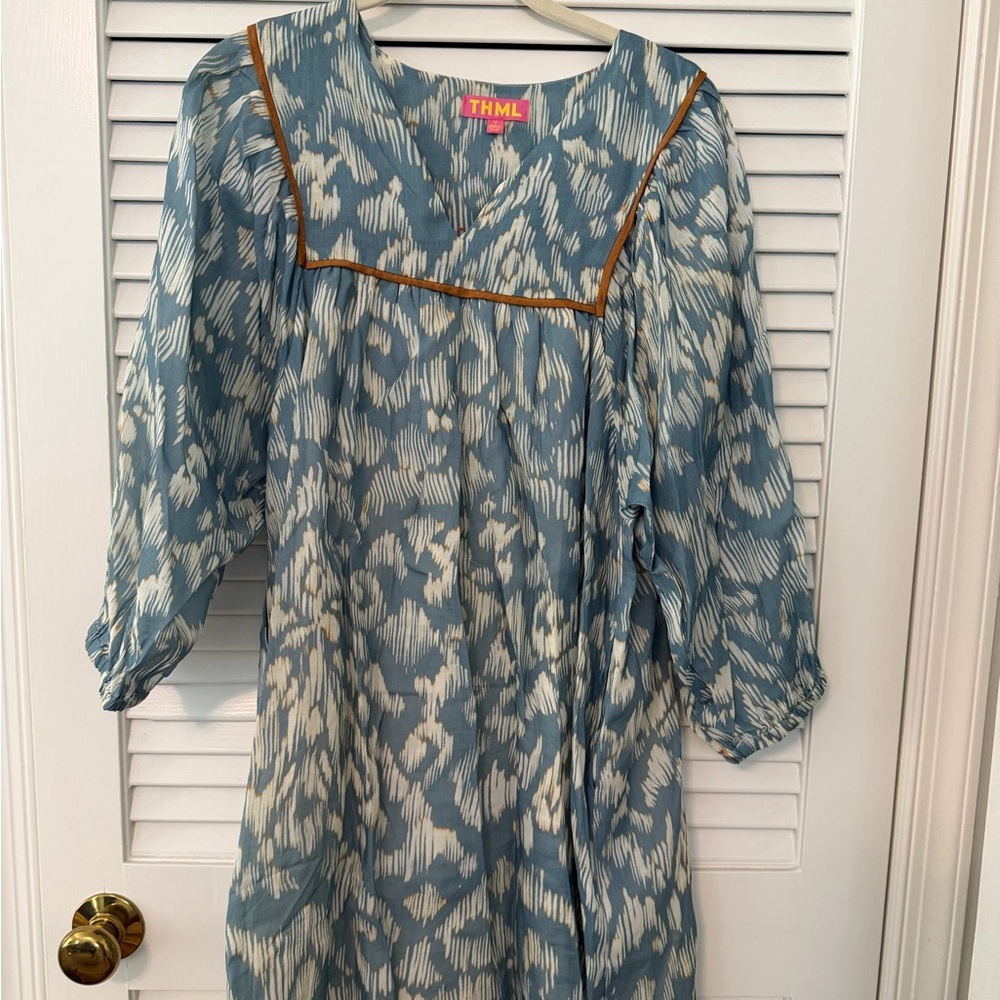THML Blue and Cream Ikat-Print Casual Dress with Tan Trim